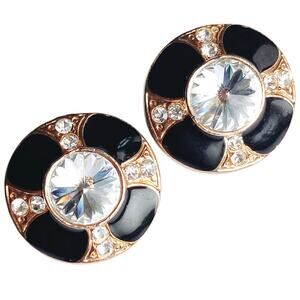 Vintage 60s 70s Mod Clip On Earrings Black Enamel Gold Tone Rhinestone Sparkly
